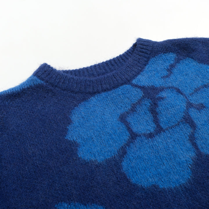 Men's blue floral jacquard plush vintage sweater