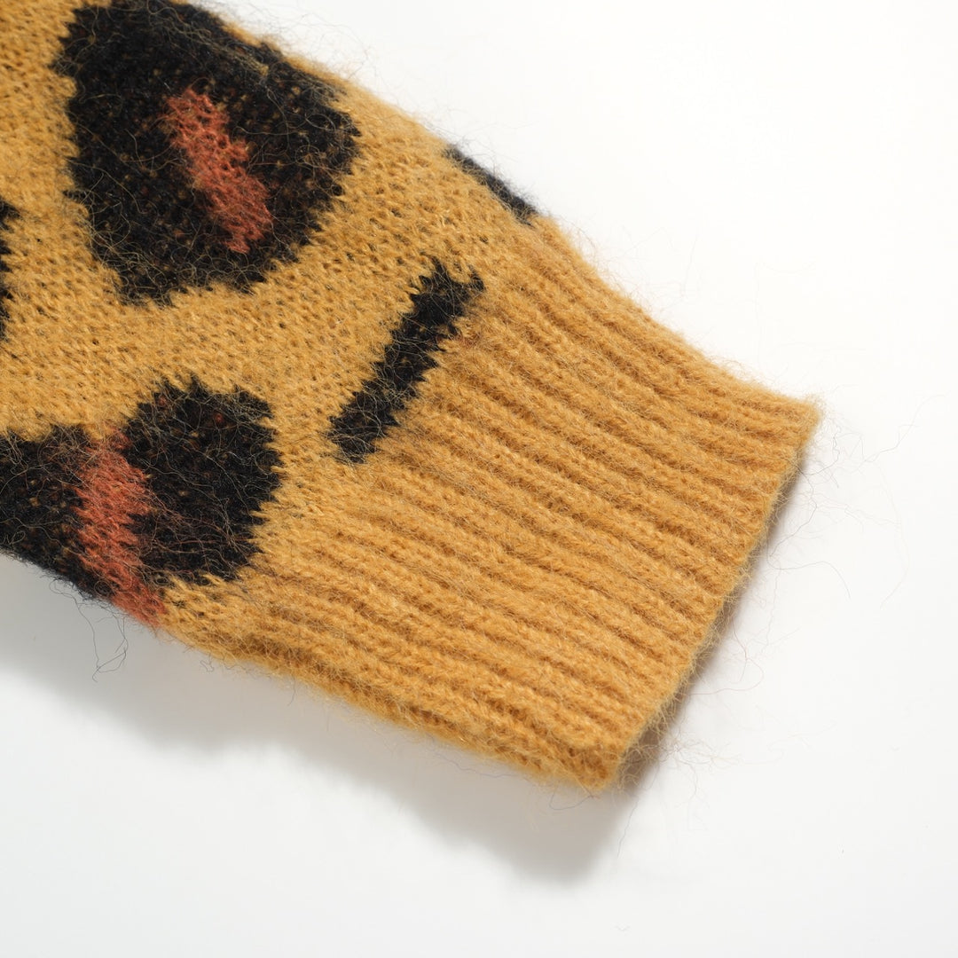 Ανδρικό vintage πλεκτό πουλόβερ με κίτρινο καφέ λεοπάρ