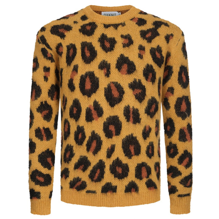 Ανδρικό vintage πλεκτό πουλόβερ με κίτρινο καφέ λεοπάρ