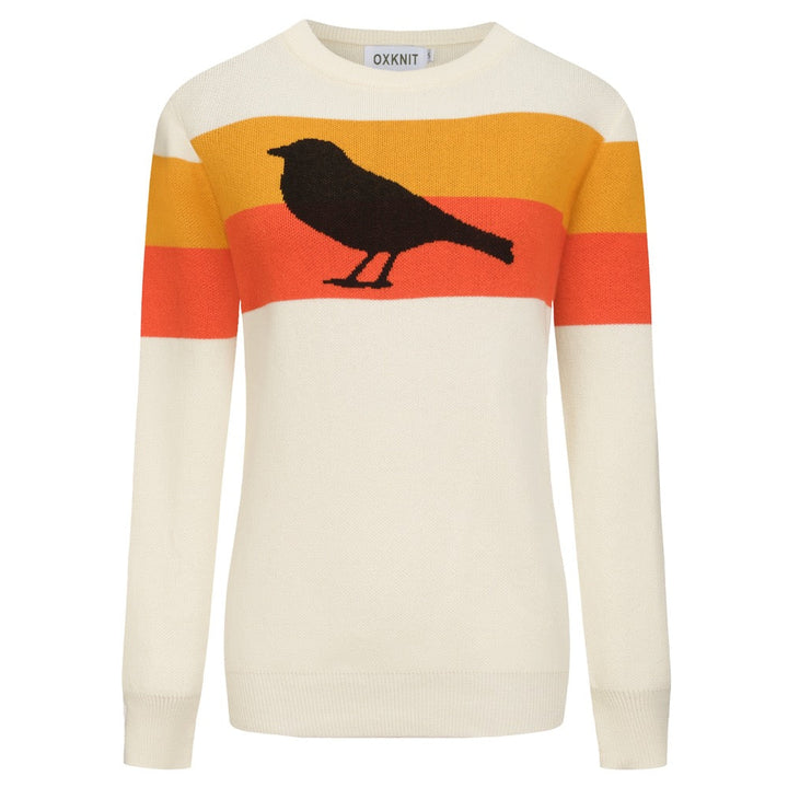 Maglieria donna jacquard con motivo uccellino rigato bianco albicocca