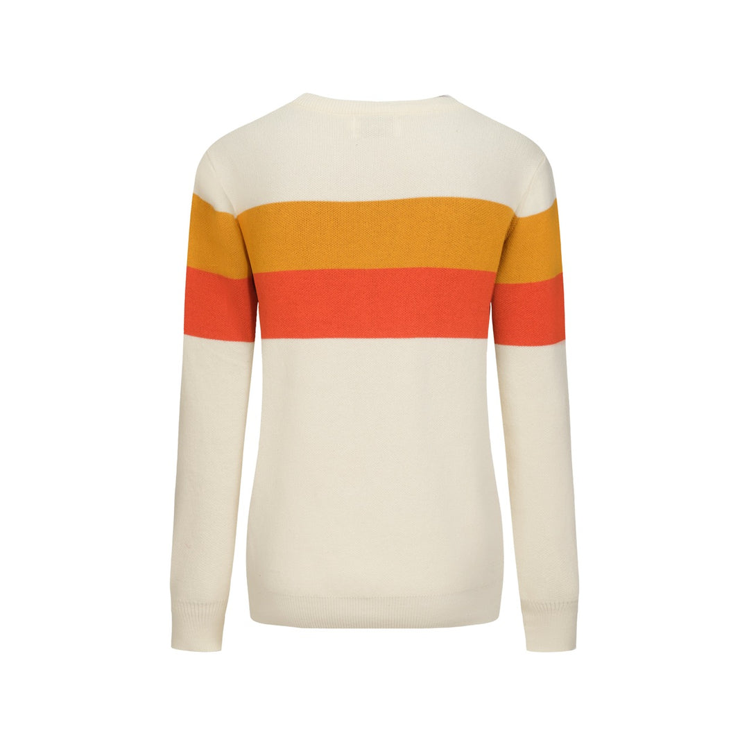 Maglieria donna jacquard con motivo uccellino rigato bianco albicocca