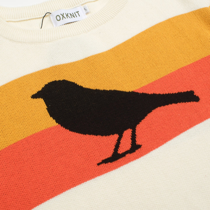 Maglieria donna jacquard con motivo uccellino rigato bianco albicocca