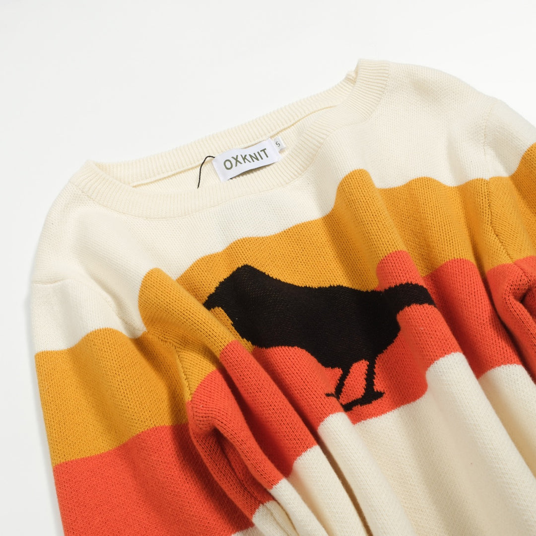 Maglieria donna jacquard con motivo uccellino rigato bianco albicocca