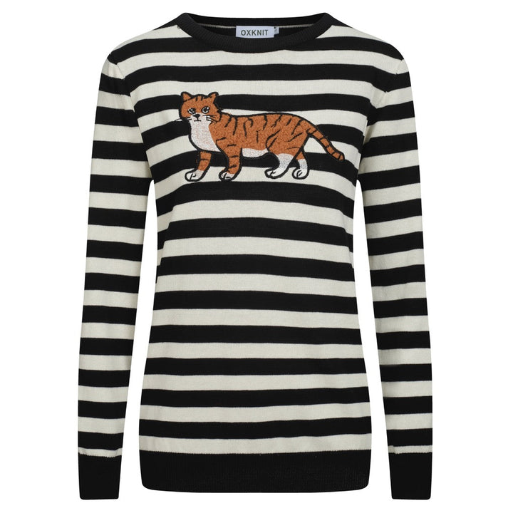 Women's black striped cat embroidered knitwear