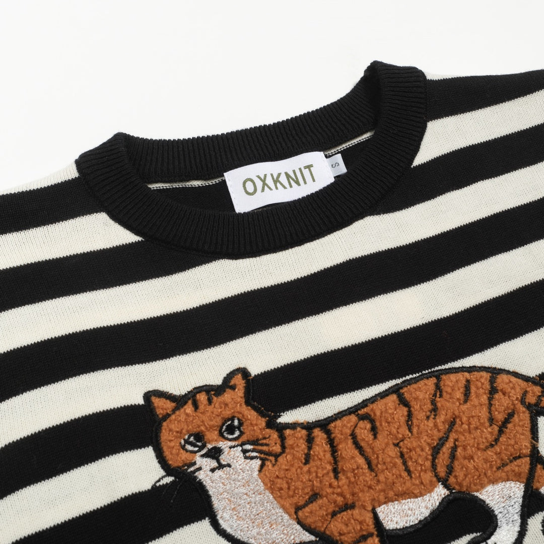 Women's black striped cat embroidered knitwear