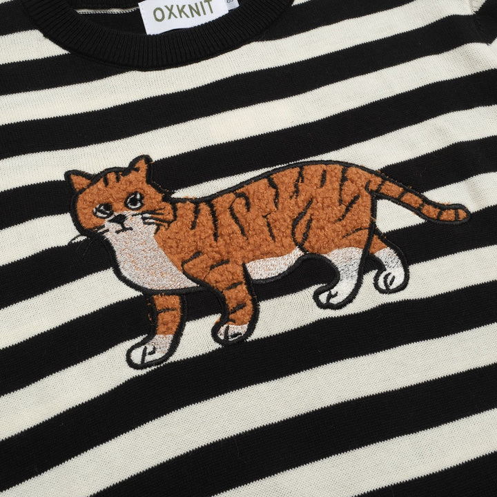 Women's black striped cat embroidered knitwear