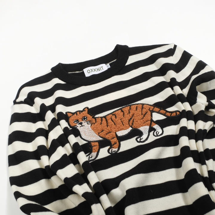 Women's black striped cat embroidered knitwear