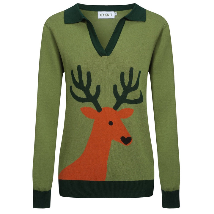 Women's green fawn vintage jacquard V-neck knitwear