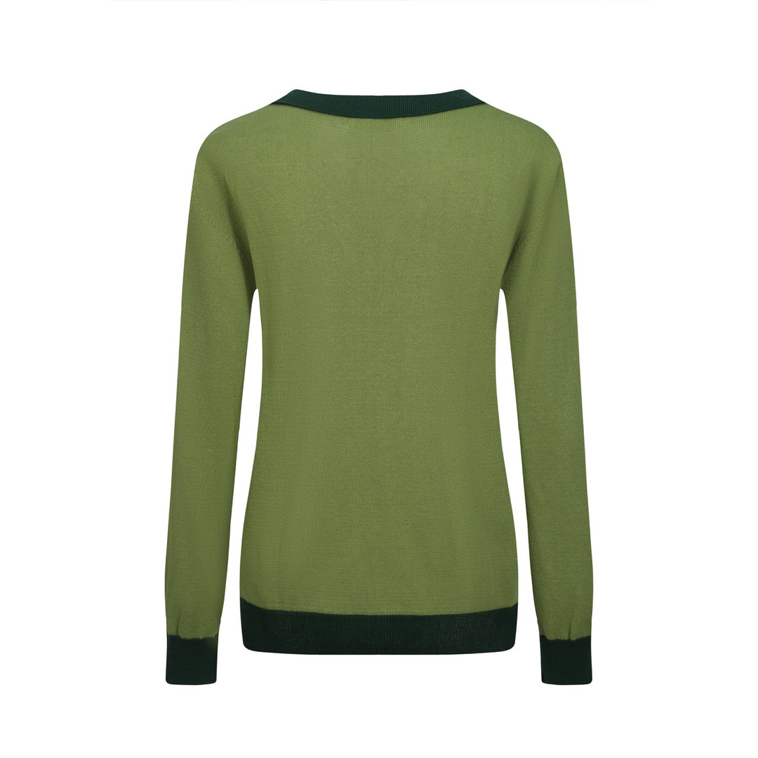 Women's green fawn vintage jacquard V-neck knitwear