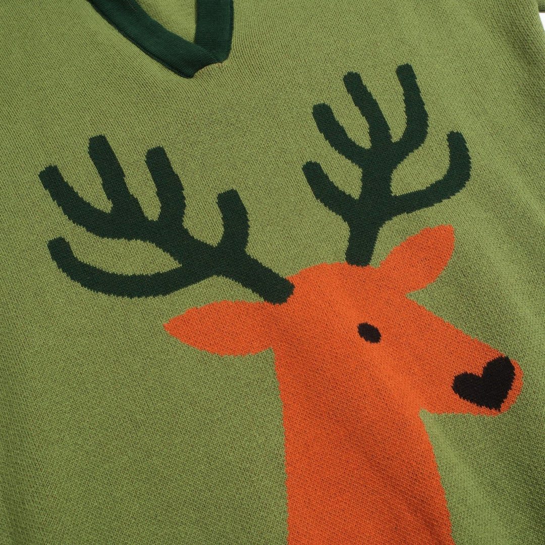 Women's green fawn vintage jacquard V-neck knitwear