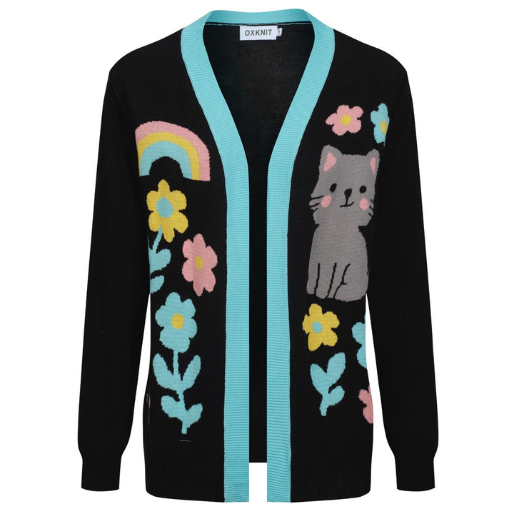 Kvinders sorte kat blomsterjacquard cardigan
