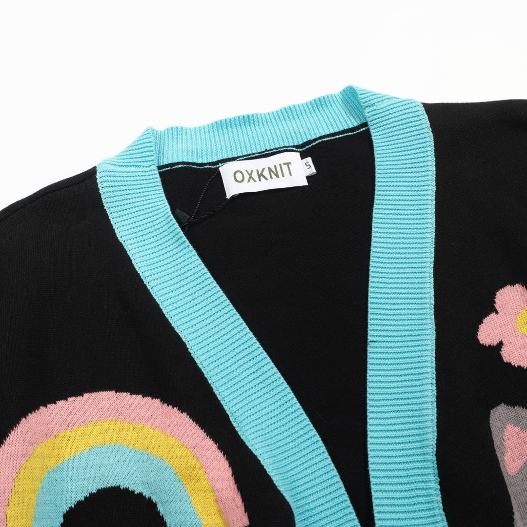 Kvinders sorte kat blomsterjacquard cardigan