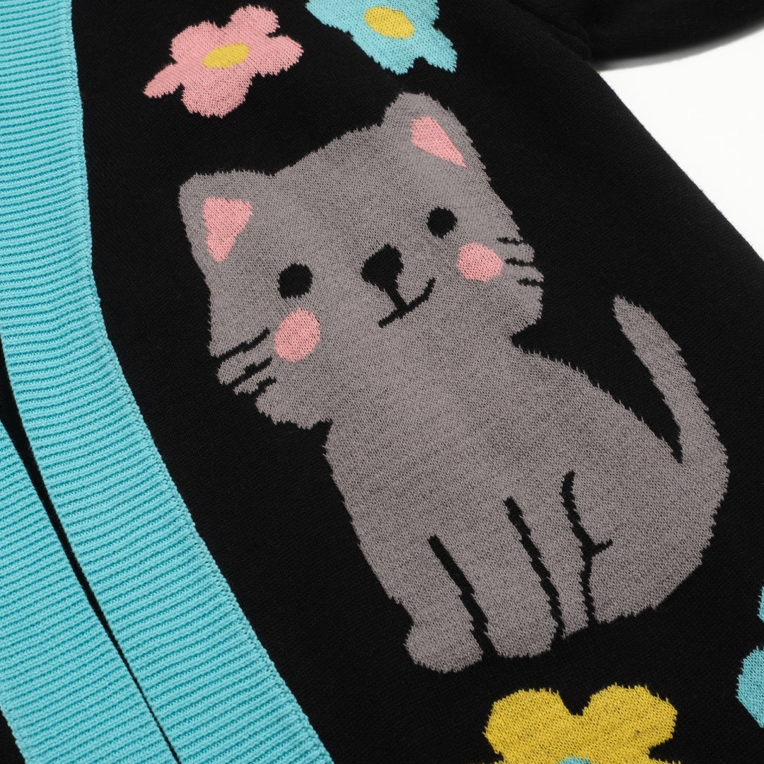Kvinders sorte kat blomsterjacquard cardigan