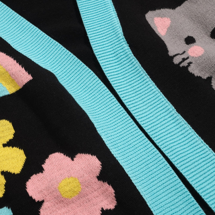 Kvinders sorte kat blomsterjacquard cardigan