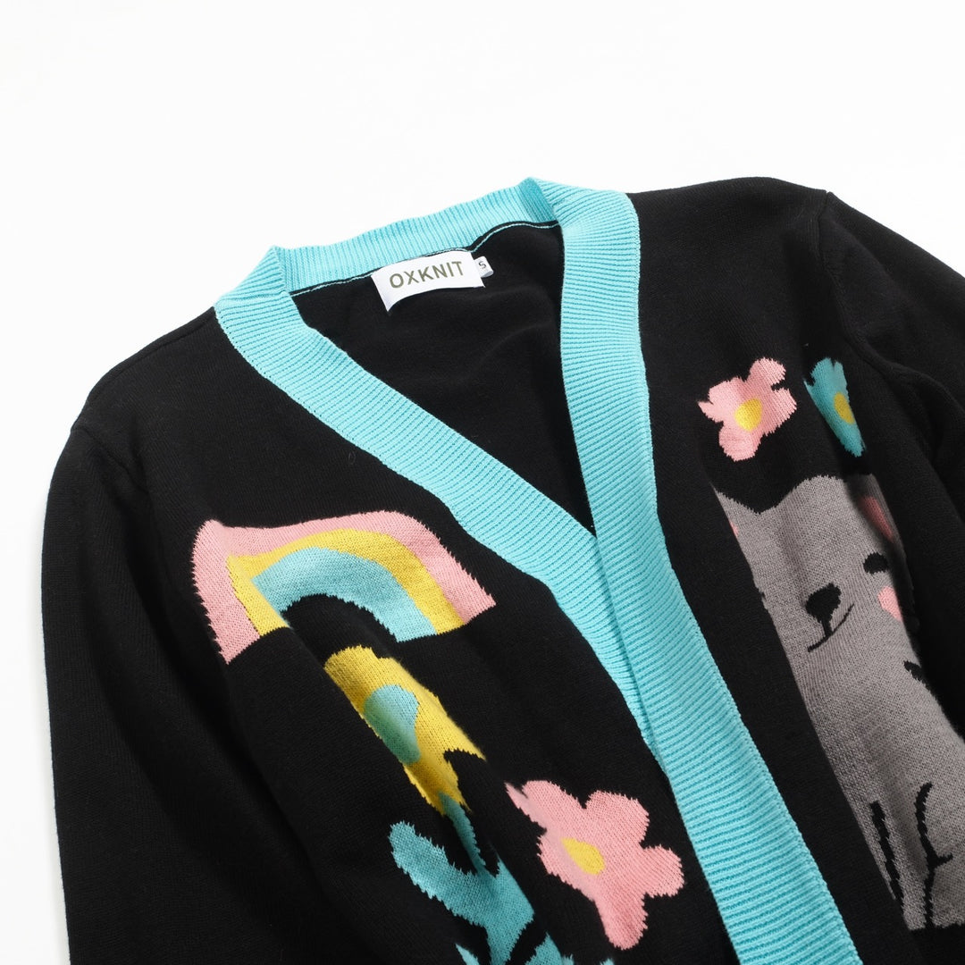 Kvinders sorte kat blomsterjacquard cardigan