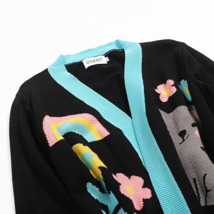 Kvinders sorte kat blomsterjacquard cardigan