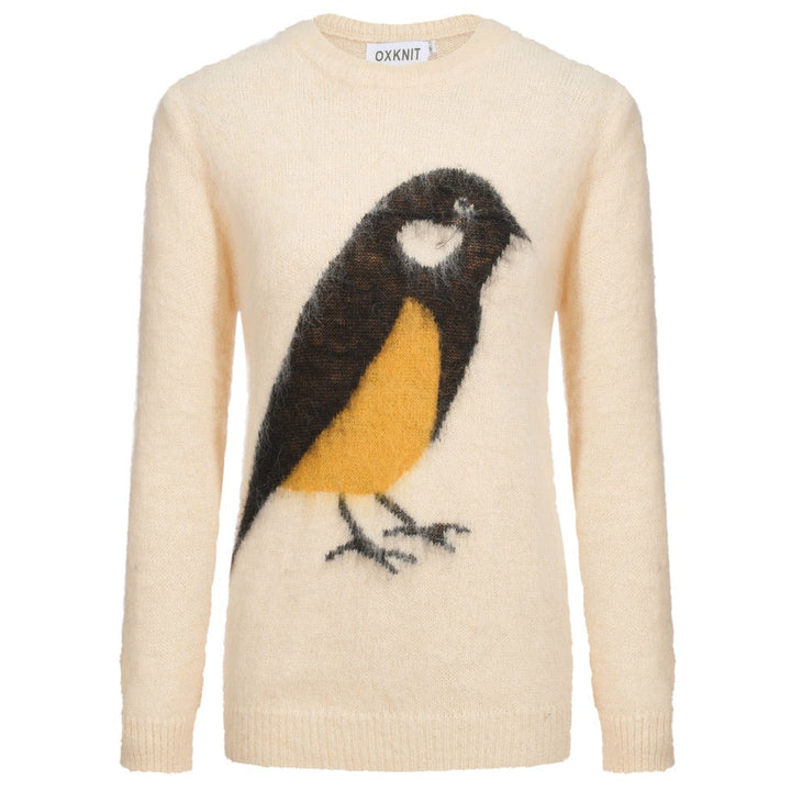 Jersey de punto de mujer de felpa en jacquard con pájaros color albaricoque blanco