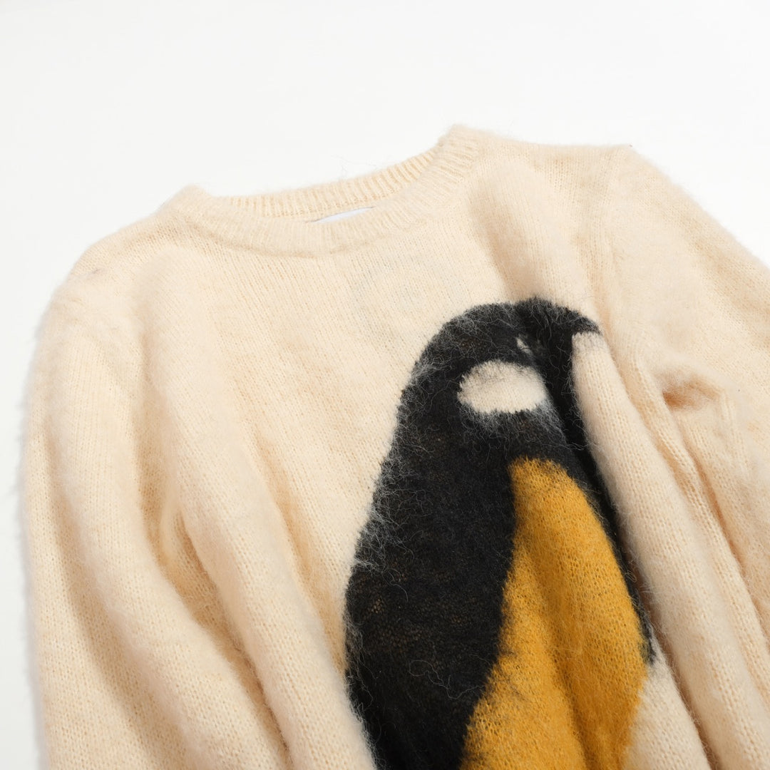 Jersey de punto de mujer de felpa en jacquard con pájaros color albaricoque blanco