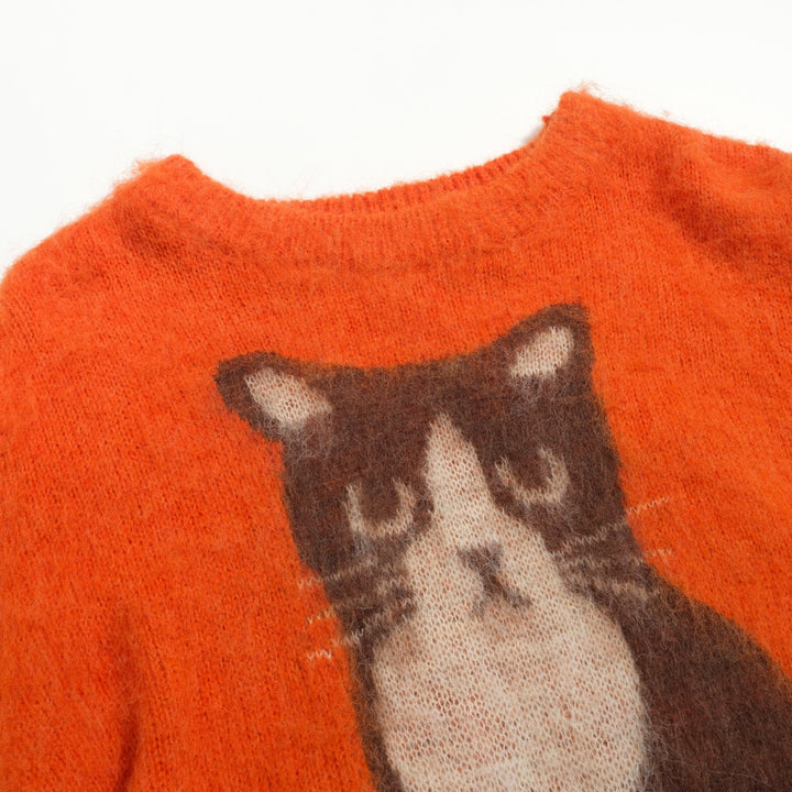 Jersey de punto de mujer en jacquard de felpa con lindo gato naranja