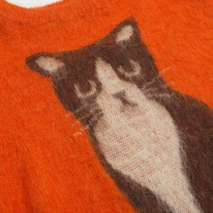 Jersey de punto de mujer en jacquard de felpa con lindo gato naranja