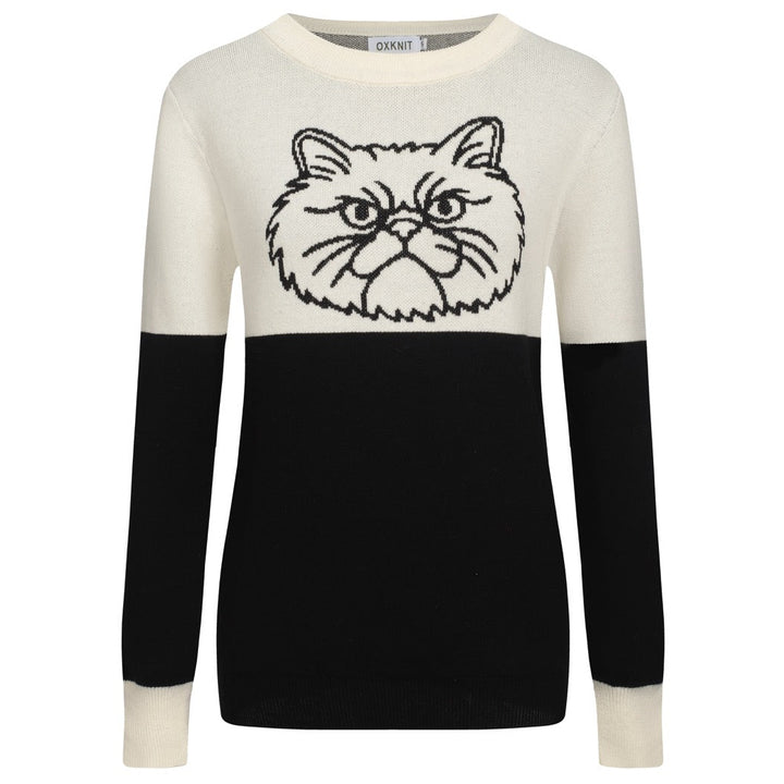 Women's black and white collage cat jacquard vintage knitwear