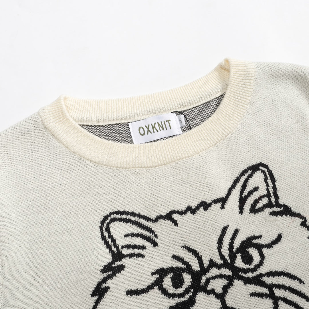 Women's black and white collage cat jacquard vintage knitwear