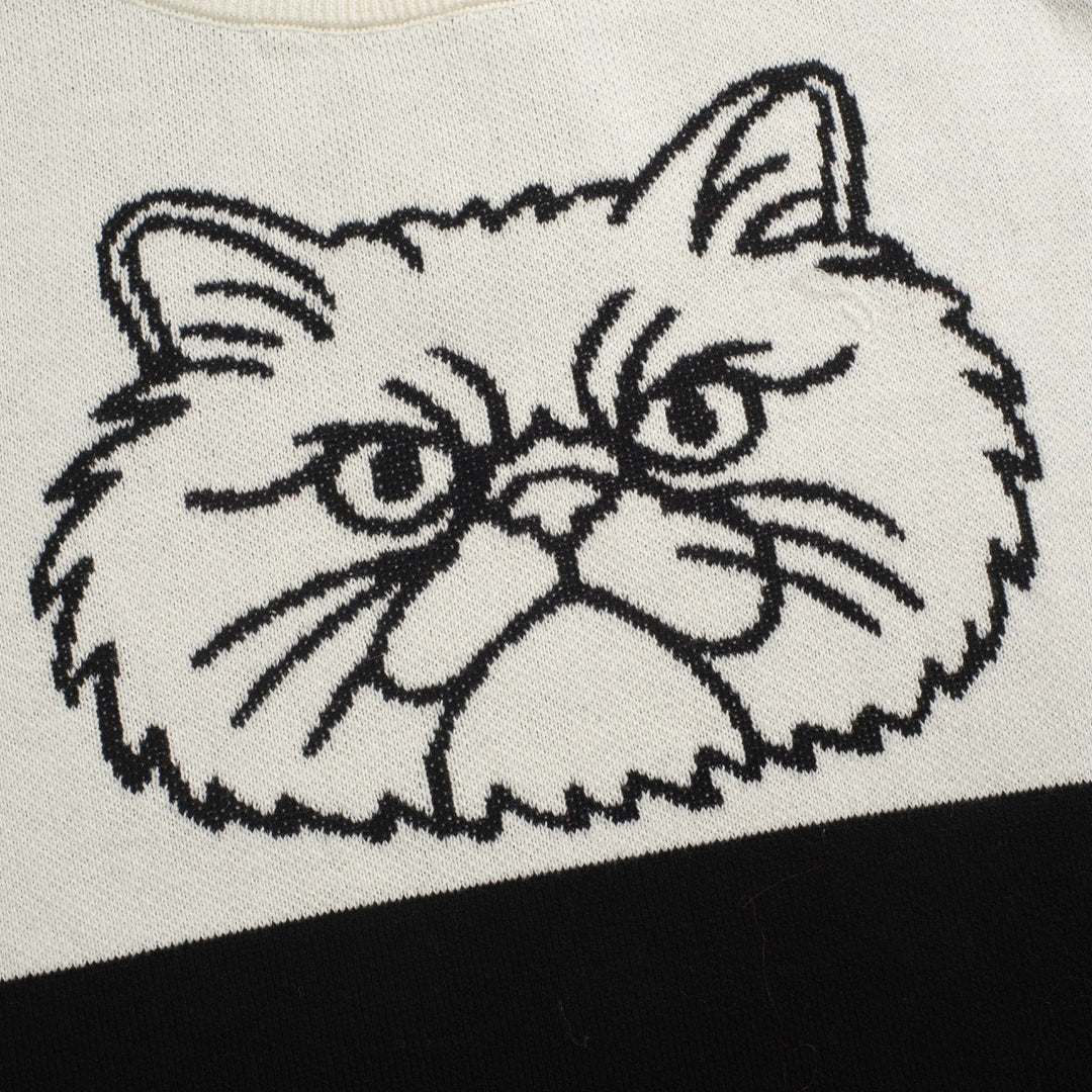 Women's black and white collage cat jacquard vintage knitwear