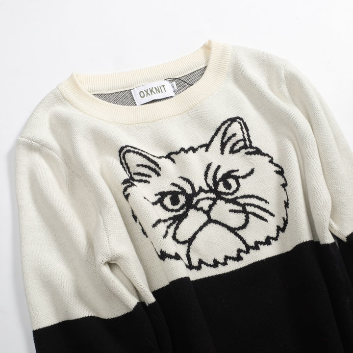 Women's black and white collage cat jacquard vintage knitwear