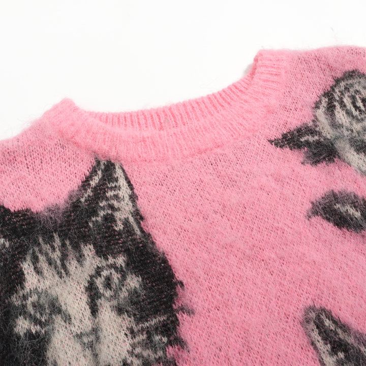 Jersey de punto jacquard lindo gatito rosa para mujer