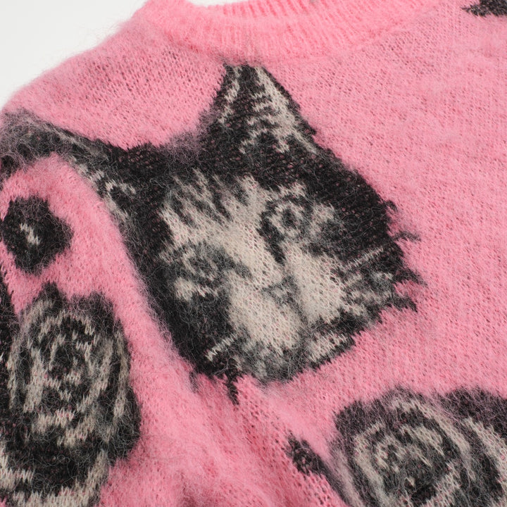 Jersey de punto jacquard lindo gatito rosa para mujer