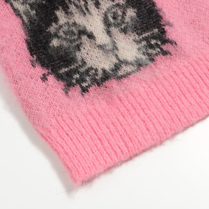 Jersey de punto jacquard lindo gatito rosa para mujer