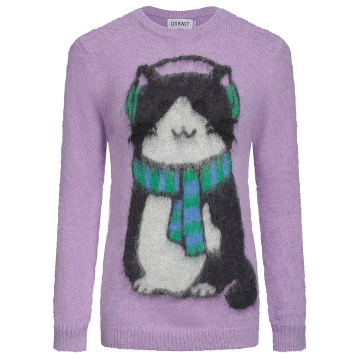 Malhas de pelúcia jacquard gato roxo feminino