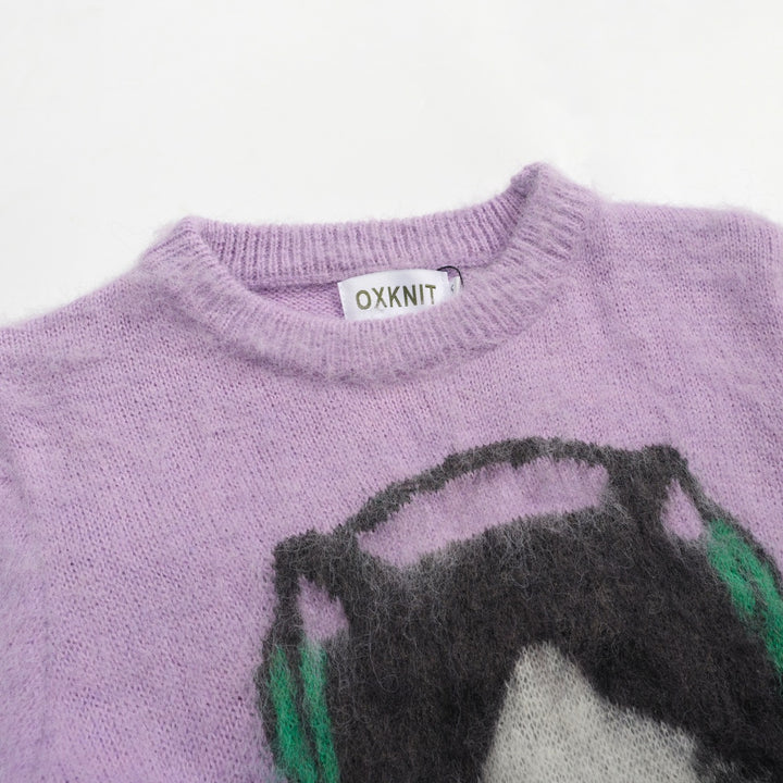 Malhas de pelúcia jacquard gato roxo feminino