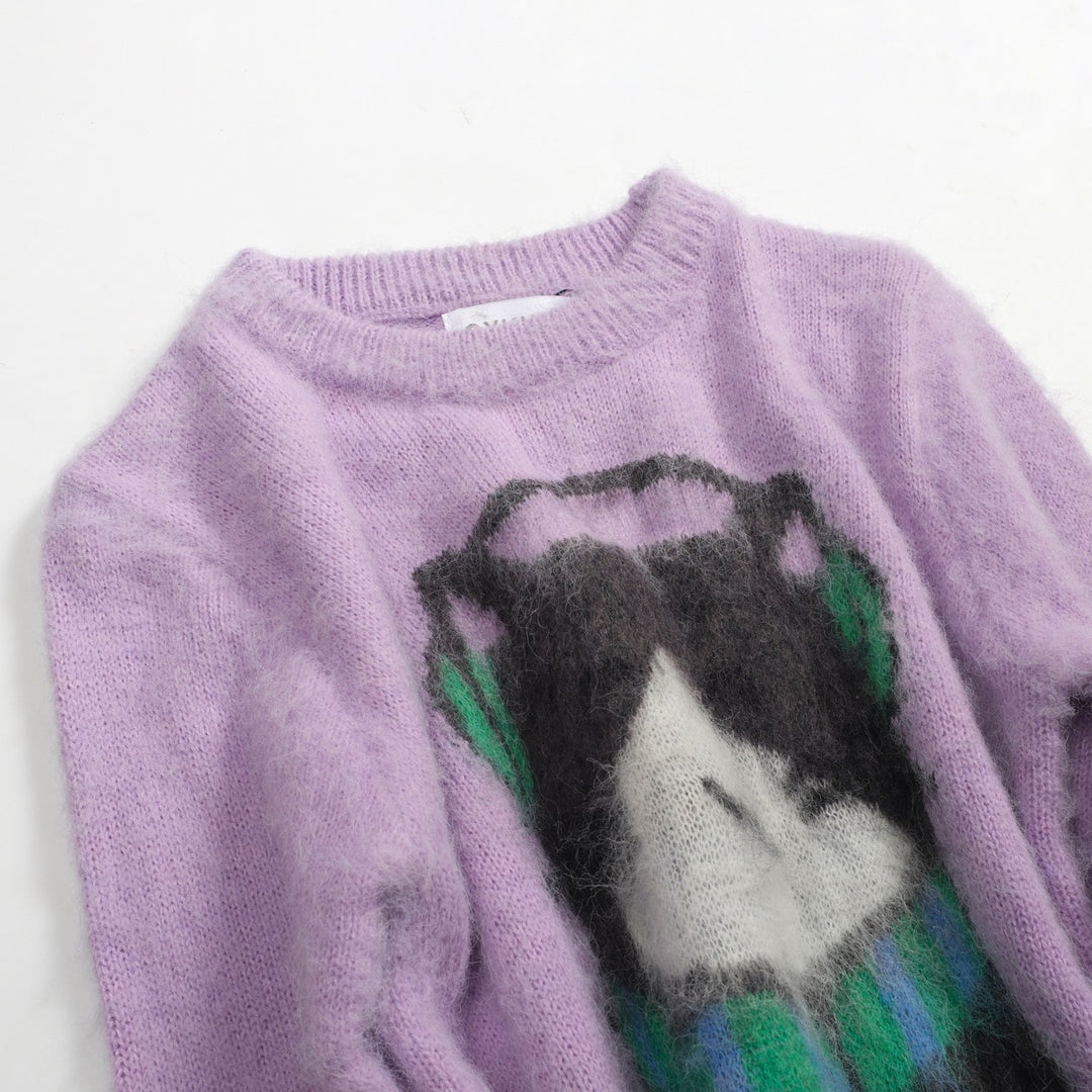 Malhas de pelúcia jacquard gato roxo feminino