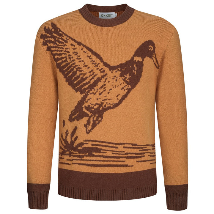Men's khaki vintage duck print jacquard sweater
