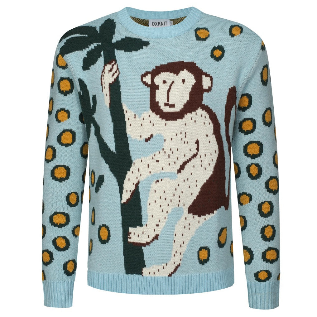 Mens blue leopard print monkey animal jacquard knitwear