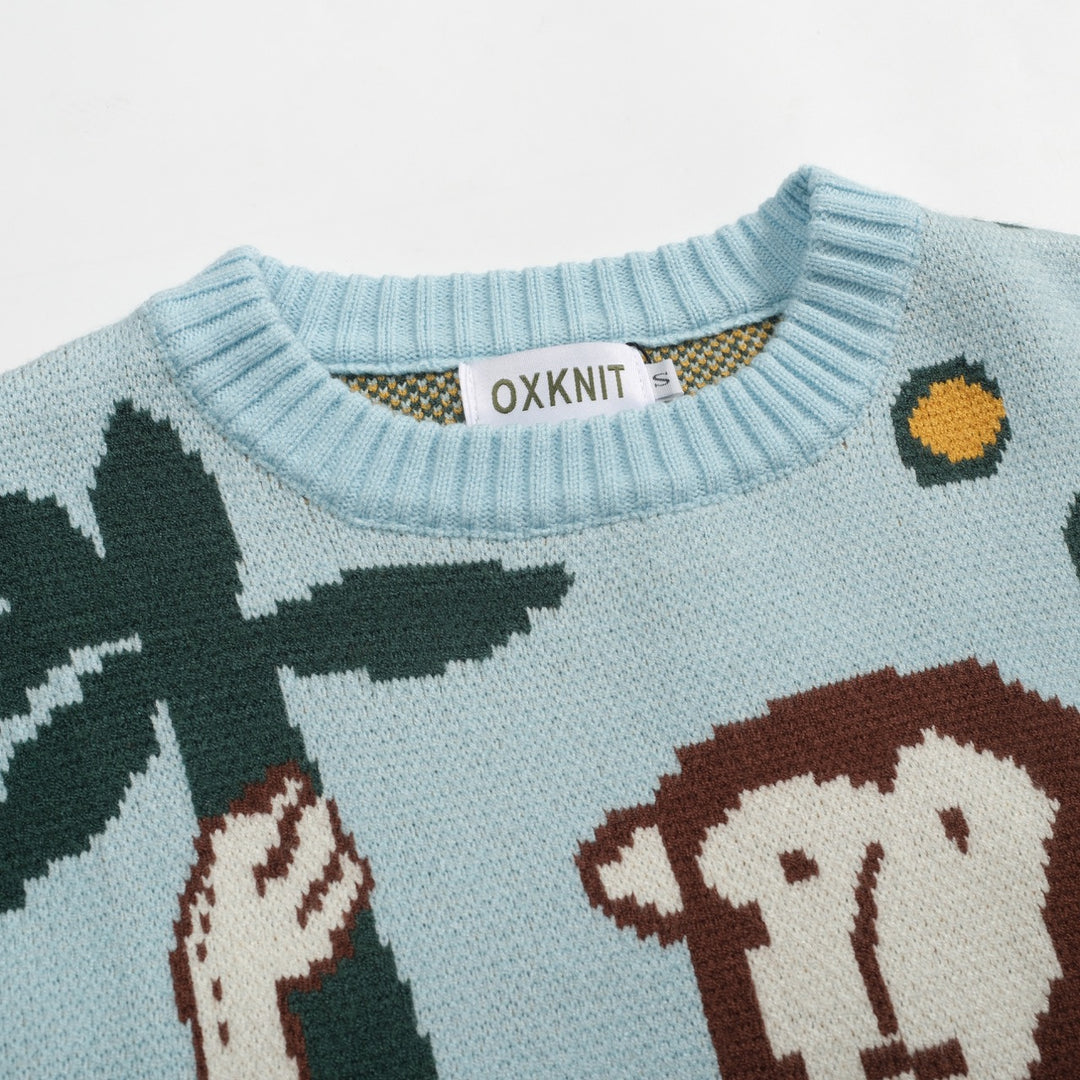 Mens blue leopard print monkey animal jacquard knitwear