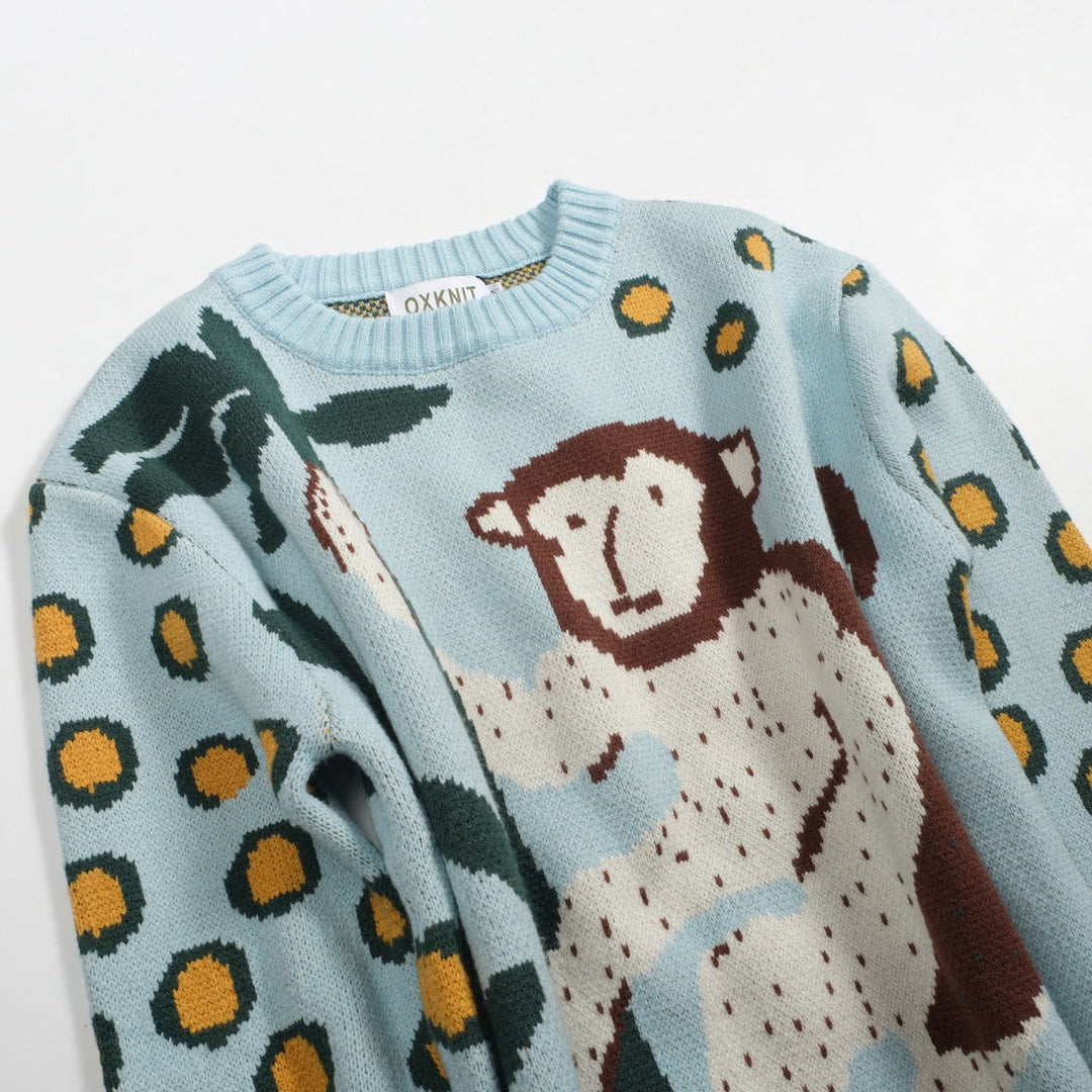 Mens blue leopard print monkey animal jacquard knitwear
