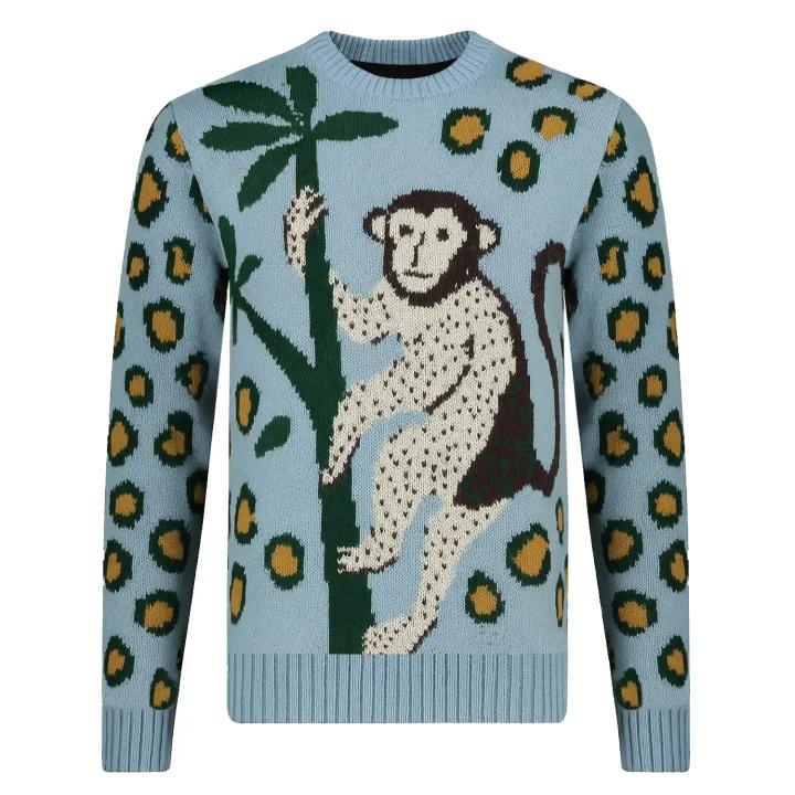 Mens blue leopard print monkey animal jacquard knitwear