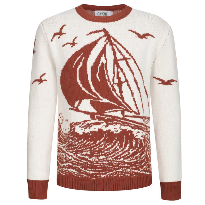 Men's red brown 1960s vintage jacquard sweater