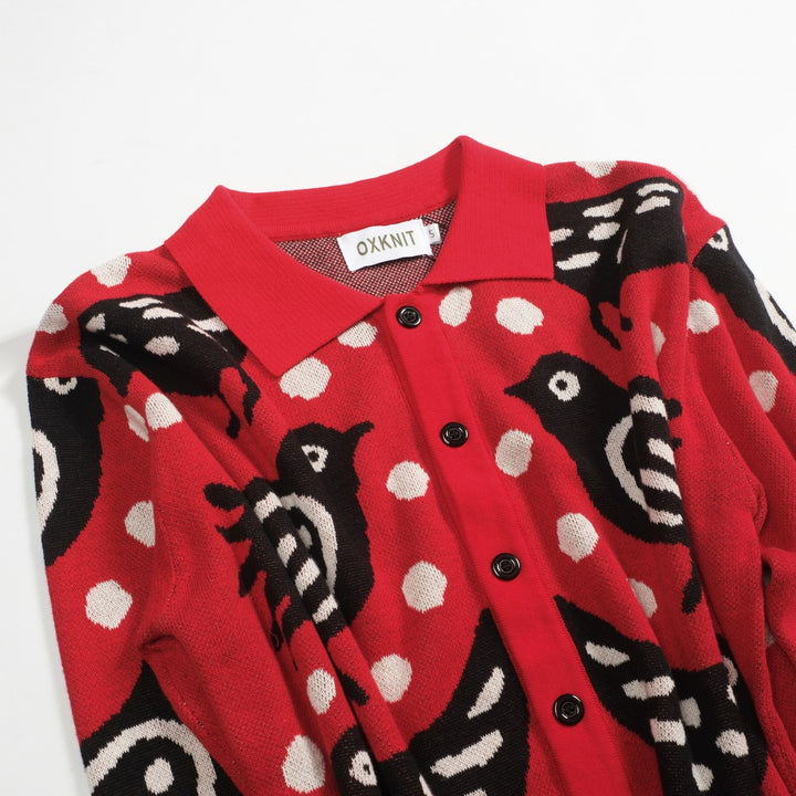 Men's red Bird vintage jacquard cardigan