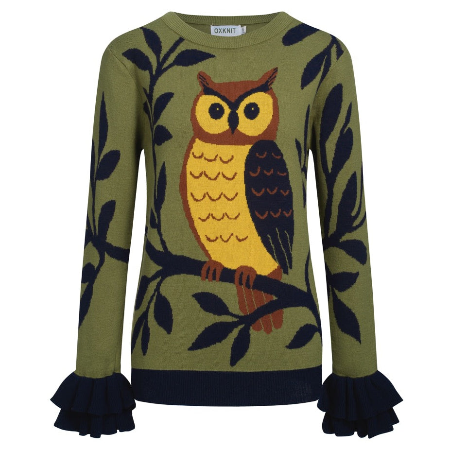 Malhas femininas com design jacquard coruja verde e mangas compridas