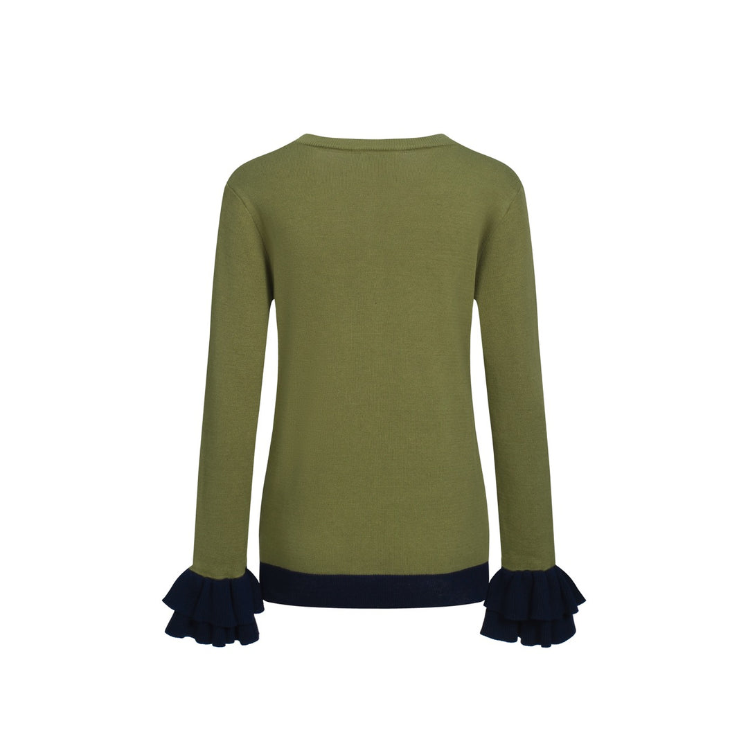 Malhas femininas com design jacquard coruja verde e mangas compridas