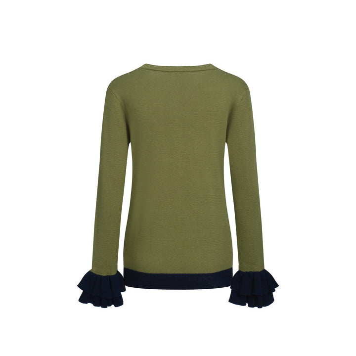 Malhas femininas com design jacquard coruja verde e mangas compridas