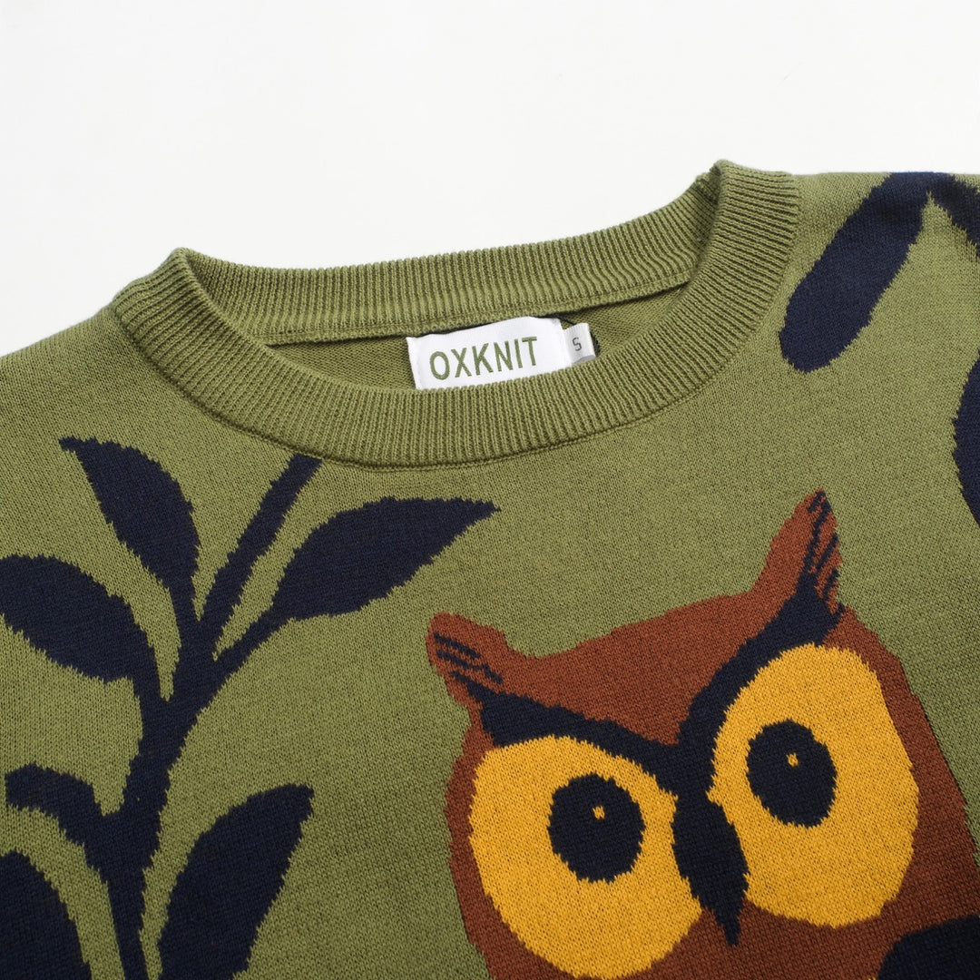 Malhas femininas com design jacquard coruja verde e mangas compridas