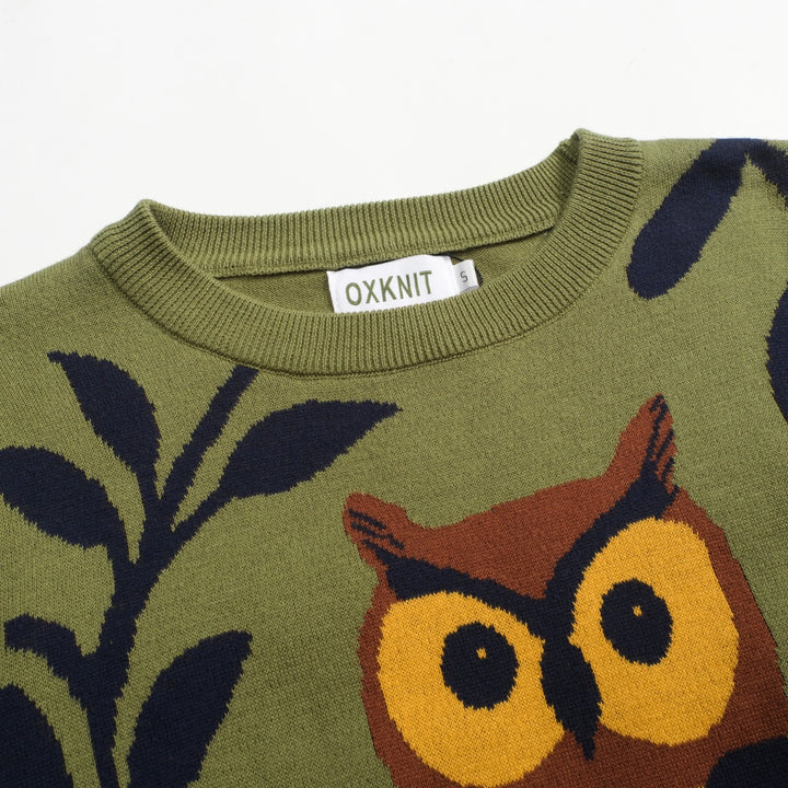 Malhas femininas com design jacquard coruja verde e mangas compridas