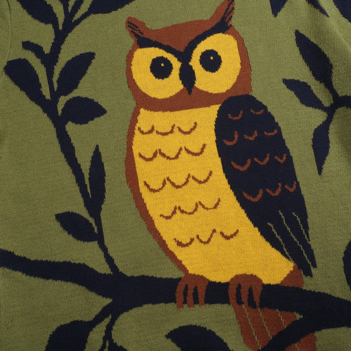 Malhas femininas com design jacquard coruja verde e mangas compridas