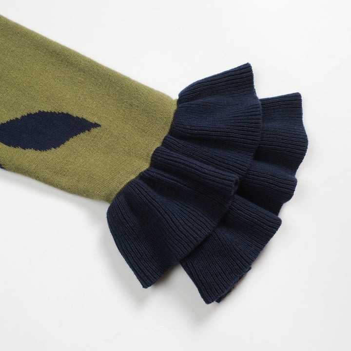 Malhas femininas com design jacquard coruja verde e mangas compridas