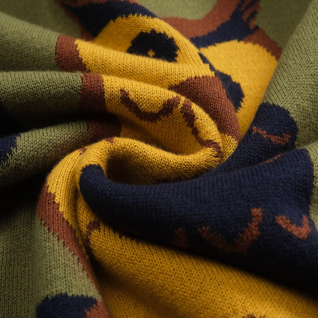 Malhas femininas com design jacquard coruja verde e mangas compridas