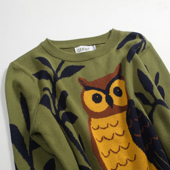 Malhas femininas com design jacquard coruja verde e mangas compridas